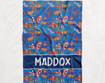 Personalized Comic Hero Character Blanket / Super Heroes Baby Name Blanket - Boys Spiderman, Ironman, Thor, Captain America - Bright Blue