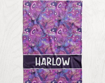 Personalized Comic Hero Character Blanket / Super Heroes Baby Name Blanket - Girls Spiderman, Ironman, Thor, Captain America - Sunset