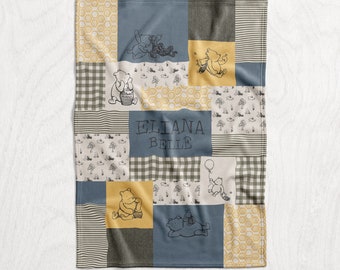 May include: A patchwork baby blanket with a Winnie the Pooh theme. The blanket features a variety of patterns, including gingham, stripes, and honeycomb. The blanket is personalized with the name "Eliana Belle".