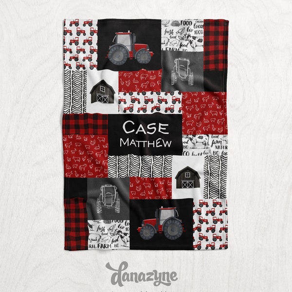 Personalized Red Tractor / Farming Name Blanket - Boy's Case International Inspired Theme - Minky - Personalized Quilt Style Blanket