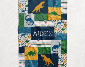 Personalized Dinosaur Baby Name Blanket - Boy's Blue, Green, and Yellow Nursery Theme - Minky or Fleece - Custom Quilt Style Blanket