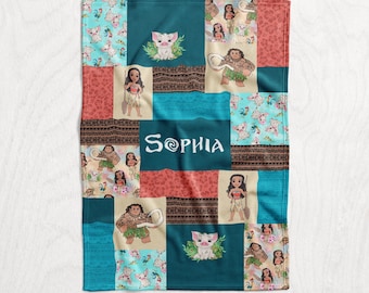 Personalized Moana Blanket / Princess Inspired Baby Name Blanket - Kids Disney Princess - Minky or Fleece - Faux Quilt Style Blanket