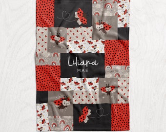 Personalized Ladybug / Cute Baby Name Blanket - Girl’s Red Lady Bug Nursery Theme - Minky or Fleece - Personalized Quilt Style Blanket