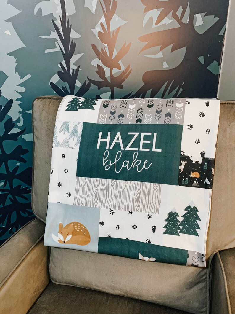 Personalized Fox /& Deer Baby Name Blanket Personalized Quilt Style Blanket Minky or Fleece Winter Woodland Mountain Animal Theme