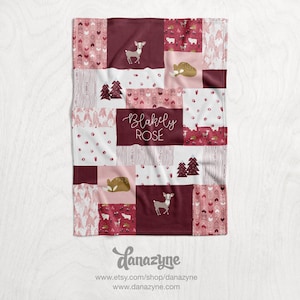 Personalized Fox & Deer Pink Girl's Baby Name Blanket - Winter Woodland / Mountain Animal Theme - Minky or Fleece - Quilt Style Blanket