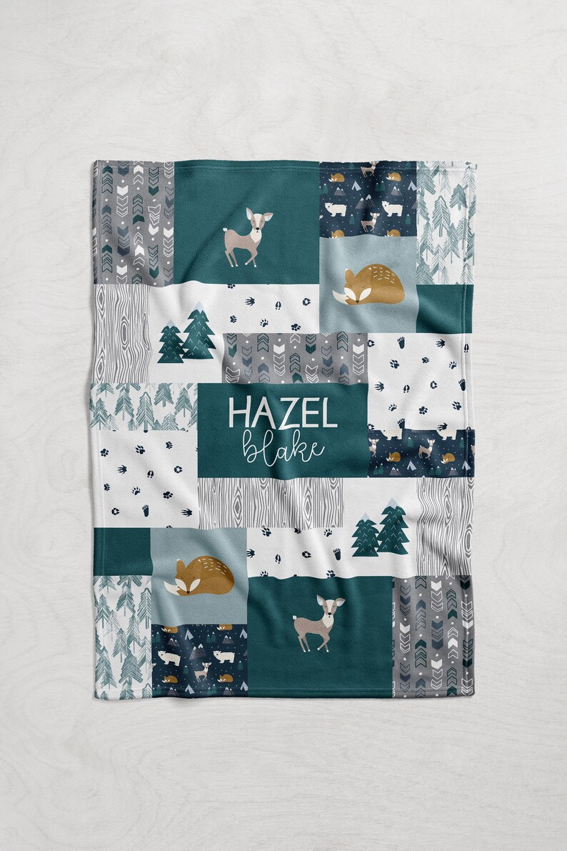 Personalized Fox /& Deer Baby Name Blanket Personalized Quilt Style Blanket Minky or Fleece Winter Woodland Mountain Animal Theme