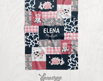 Personalized Cow Baby Name Blanket - Girl’s Pink Cow Print Nursery Theme - Minky or Fleece - Personalized Quilt Style Blanket