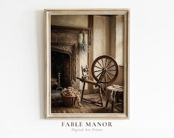 Spinning Wheel Oil Painting Print | Rustic Farmhouse Wall Art | Dark Moody Cottagecore Decor | Digital Download