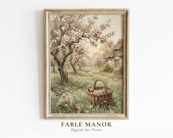 Vintage Spring Wall Art | Impasto Blossom Tree & Cottage Print | Oil Painting Digital Download