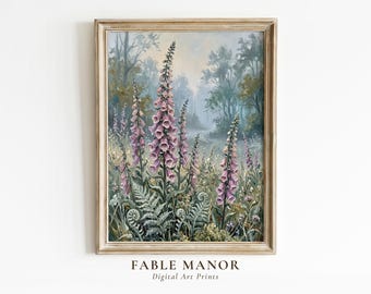 Foxglove Meadow Botanical Print | Cottagecore Woodland Wall Art | Impasto Oil Painting Digital Download