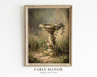 Vintage Birdbath Oil Painting Print | Antique Garden Wall Art | Moody Cottagecore Decor | Digital Download
