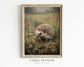 Vintage Hedgehog Wall Art Print | Woodland Animal Oil Painting | Cottagecore Decor | Digital Download | Farmhouse Wall Art