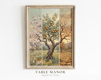 Changing Seasons Tree Landscape Wall Art – Vintage Impasto Cottagecore Botanical Nature Digital Painting
