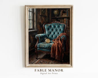 Dark Academia Decor Printable | Vintage Teal Armchair Oil Painting Print | Cozy Reading Nook Art | Digital Download