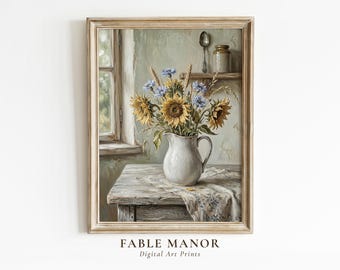 Vintage Floral Still Life Painting Print | Cottagecore Sunflower Wall Art | Rustic Farmhouse Kitchen Decor | Digital Download