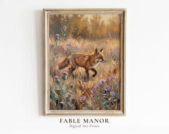 Fox Oil Painting Wall Art – Vintage Impasto Woodland Animal Purple Thistle Field Digital Print
