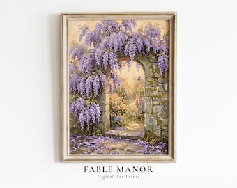 Purple Wisteria Wall Art – Secret Garden Oil Painting Print Botanical Cottagecore Décor Digital Download