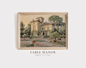 Vintage Manor House Print | Rustic Countryside Landscape Wall Art | Digital Download