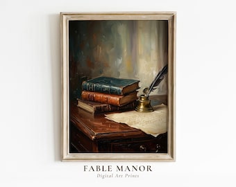 Library Wall Art | Vintage Books and Quill Oil Painting Print | Dark Academia Decor | Digital Download