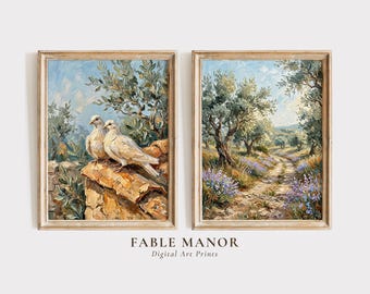 Set of 2 White Doves and Olive Tree Landscape Prints | Impasto Oil Painting Wall Art | Rustic Farmhouse Digital Download