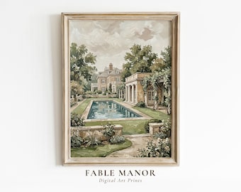Manor House Pool Wall Art | French Country Garden Print | Digital Download
