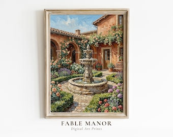 Floral Landscape Wall Art | Textured Oil Painting Print | Cottagecore Courtyard Garden Art | Digital Download
