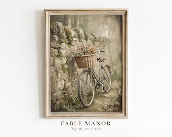Vintage Bicycle Wall Art | Flower Basket Bike Print | Oil Painting Digital Download