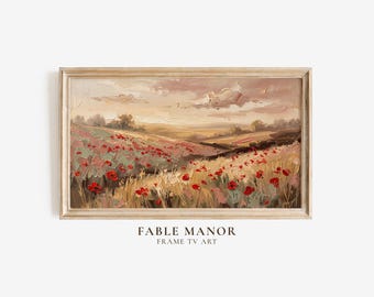 Frame TV Wall Art - Impasto Red Poppy Field Vintage Landscape Oil Painting – Cottagecore Wildflower Digital Art for Samsung TV - 3840x2160