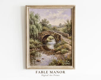 Old Stone Bridge River Wall Art | Impasto Oil Style Printable | Cottagecore Decor | Rustic Landscape Digital Download