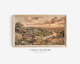 Frame TV Wall Art - Vintage Impasto Countryside Landscape Oil Painting – Scenic River & Manor Digital Download