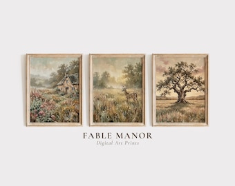 Vintage Cottagecore Wall Art Set of 3, Rustic Oak Tree and Deer Print, Thick Impasto Oil Painting, Moody Farmhouse Digital Download