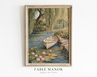 Water Lily Wall Art | River Willow Tree Print | Botanical Oil Painting Digital Download