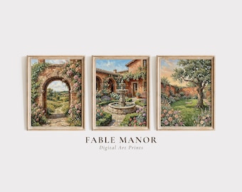 Vintage Countryside Set of 3 Prints | Impasto Oil Painting Digital Art | Cottagecore Secret Garden Wall Art | Printable Digital Download