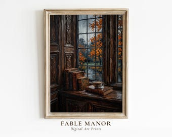 Window Wall Art | Cozy Autumn Oil Painting Print | Dark Academia Decor | Digital Download