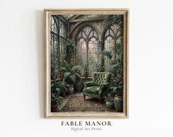Vintage Greenhouse Oil Painting Print | Gothic Stained Glass Botanical Wall Art | Digital Download