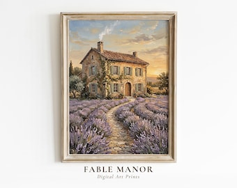 Lavender Farmhouse Impasto Oil Painting Print | Rustic Cottagecore Wall Art | Digital Download