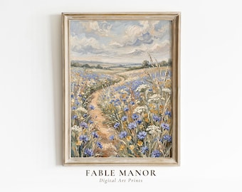 Pastoral Blue Wildflower Wall Art | Textured Oil Painting Print | Summer Meadow Landscape Printable | Botanical Digital Download Art