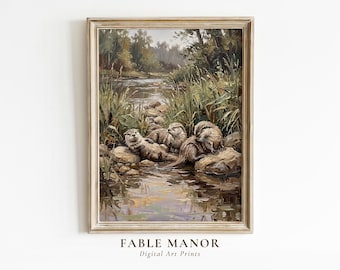 Vintage Otter Wall Art | Otter Family in Stream Print | Cottagecore River Decor | Oil Painting Digital Download