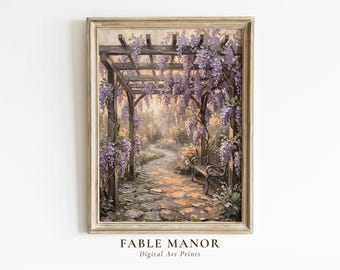 Vintage Wisteria Print – Romantic Garden Path Oil Painting Print, Vintage Botanical Spring Digital Download
