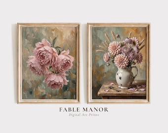 Set of 2 Peony and Dahlia Floral Wall Art – Vintage Impasto Oil Painting Print – Cottagecore Farmhouse Decor