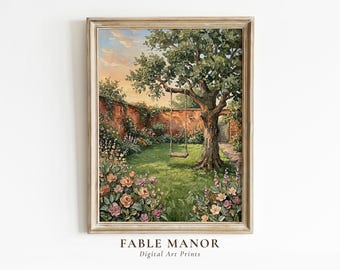 Whimsical Garden Print | Cottagecore Tree Swing Wall Art | Impressionist Landscape Oil Painting | Digital Download