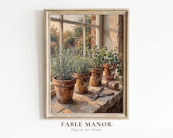 Botanical Herb Garden Wall Art – Vintage Impasto Kitchen Window Oil Painting Print