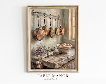 Vintage Kitchen Wall Art – Rustic Farmhouse Print - Copper Pots Still Life Printable