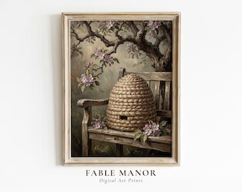Vintage Beehive Oil Painting Print | Cottagecore Spring Wall Art | Rustic Country Decor Digital Download