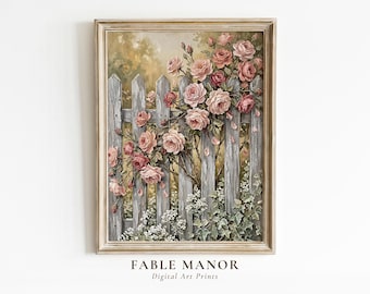 Pink Roses Oil Painting Print | Shabby Chic Floral Wall Art | Cottagecore Decor Digital Download
