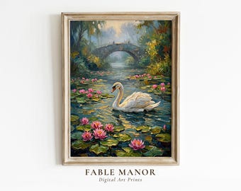 Vintage Swan Oil Painting Print | Water Lily Wall Art | Dark Academia Decor | Digital Download