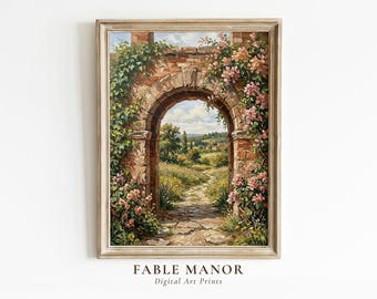 Vintage Archway Wall Art | Floral Landscape Oil Painting Print | Digital Download
