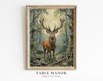 Majestic Stag Wall Art | Woodland Animal Oil Painting Print | Digital Download