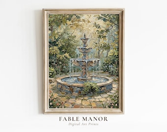 Secret Garden Fountain Painting Print | Lush Greenery Wall Art | Digital Download