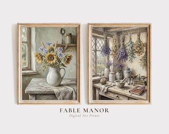 Rustic Farmhouse Floral Oil Painting Set of 2 Prints | Sunflower and Apothecary Wall Art | Cottagecore Kitchen Digital Download